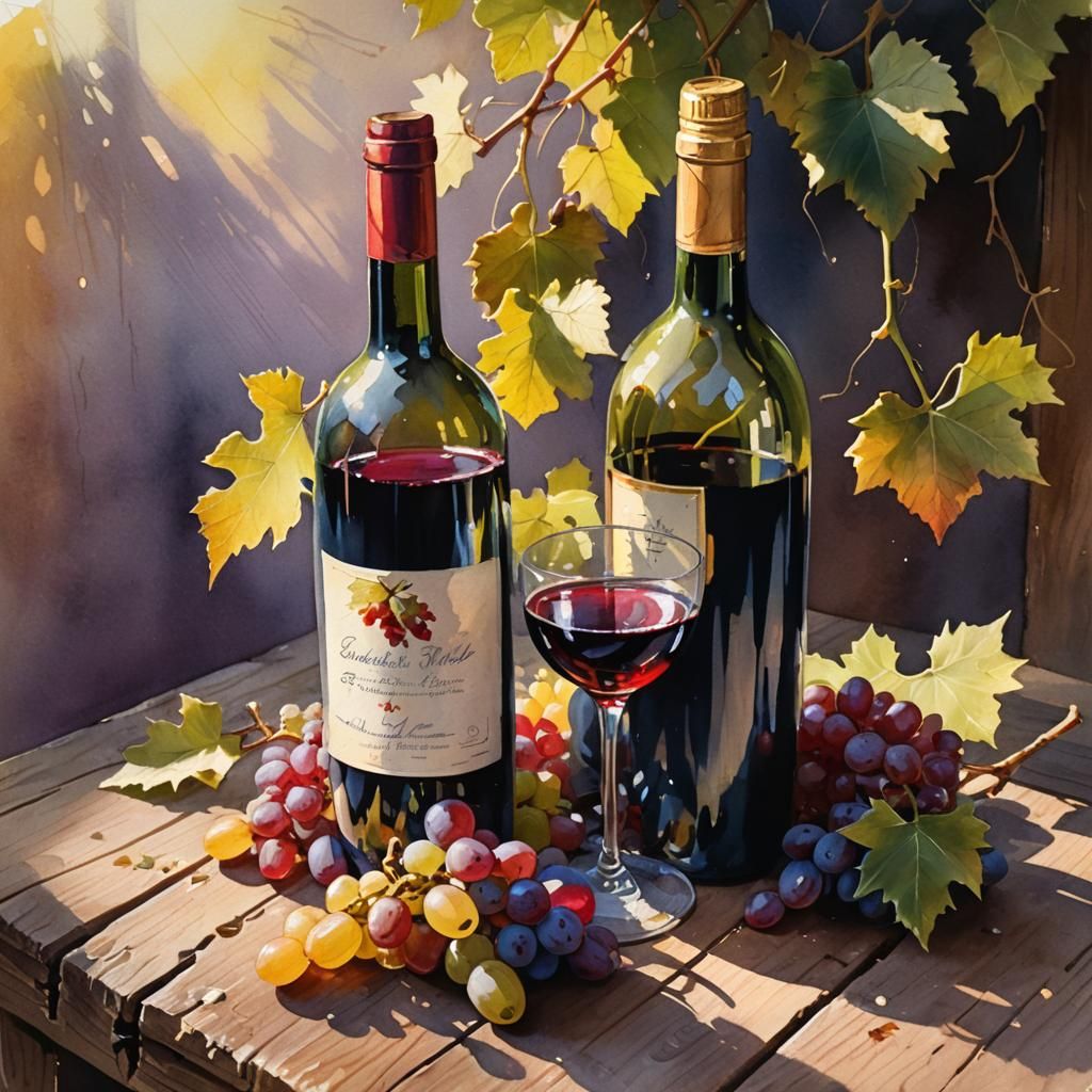 Gouache Still Life with Wine and Grapes