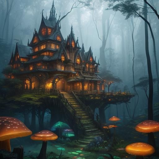 Elven Village in Misty Forest: Fantasy Concept Art
