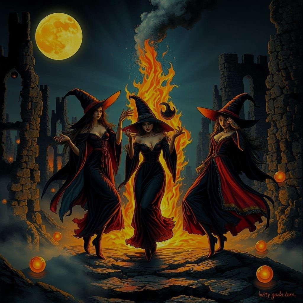 Three Witches Dancing Under the Moon