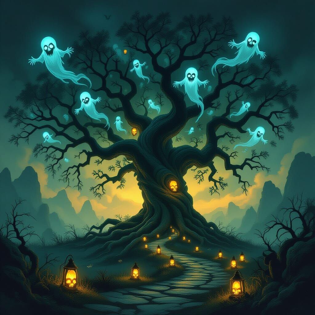 Haunted Tree with Skull Lantern Path