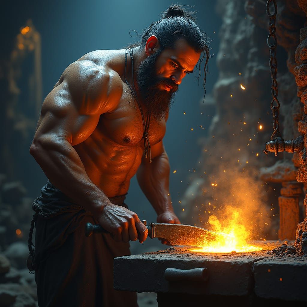 Blacksmith Forging a Blade in a Cosmic Forge