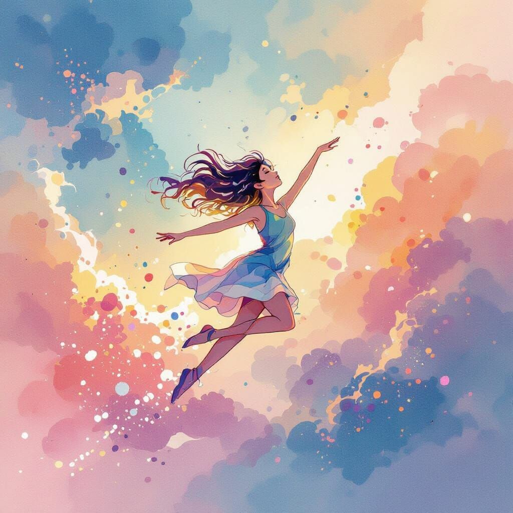 Whimsical Figure Soaring in Watercolor Dreamscape