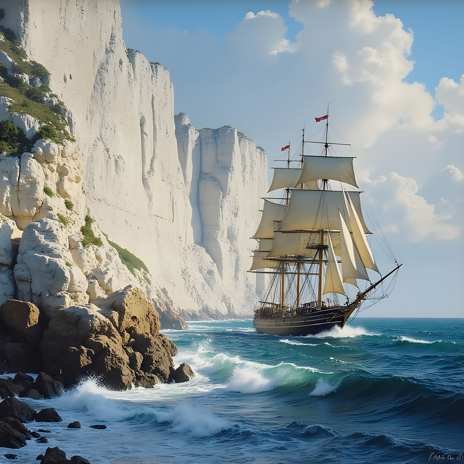 Tall Ship Navigates Azure Coastline: Vintage Photo