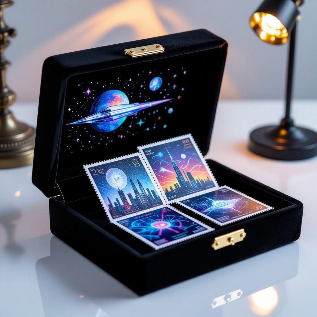 Holographic Postage Stamps in Cyberpunk Style