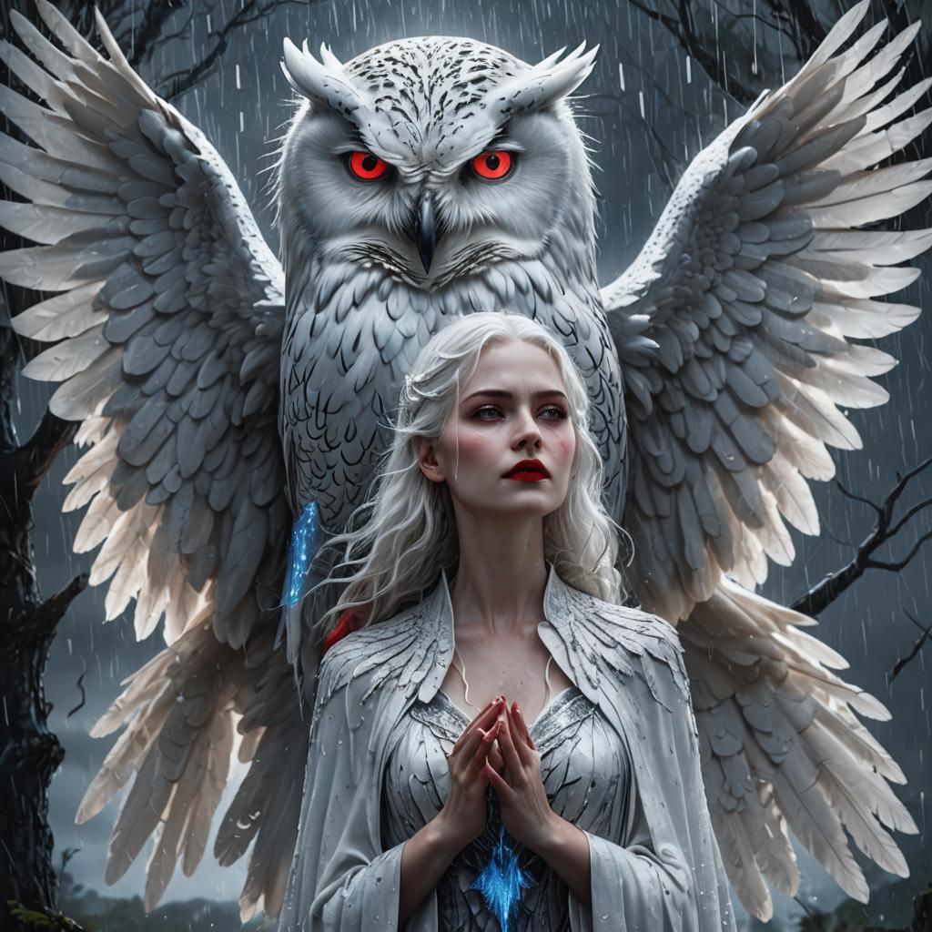Pale Woman and White Owl in the Night