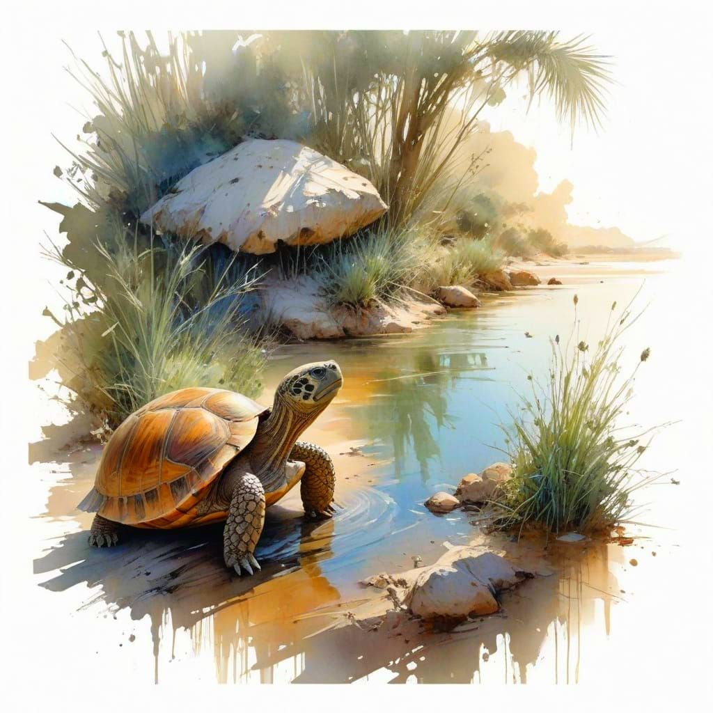 Ethereal Desert Oasis Scene in Watercolour Style