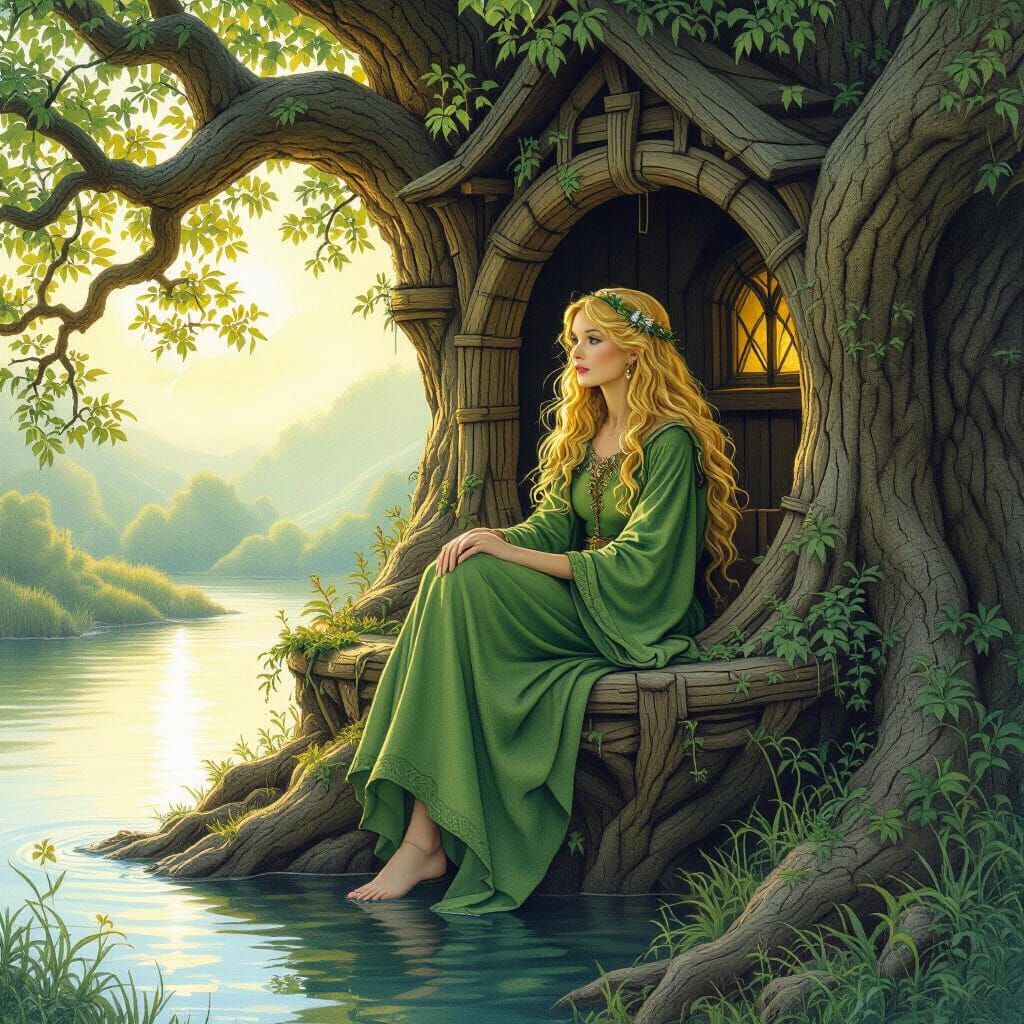 Fantasy Maiden in Treehouse, Watercolor Illustration