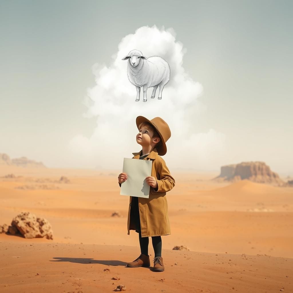 Little Prince and Sheep in Surreal Desert Landscape
