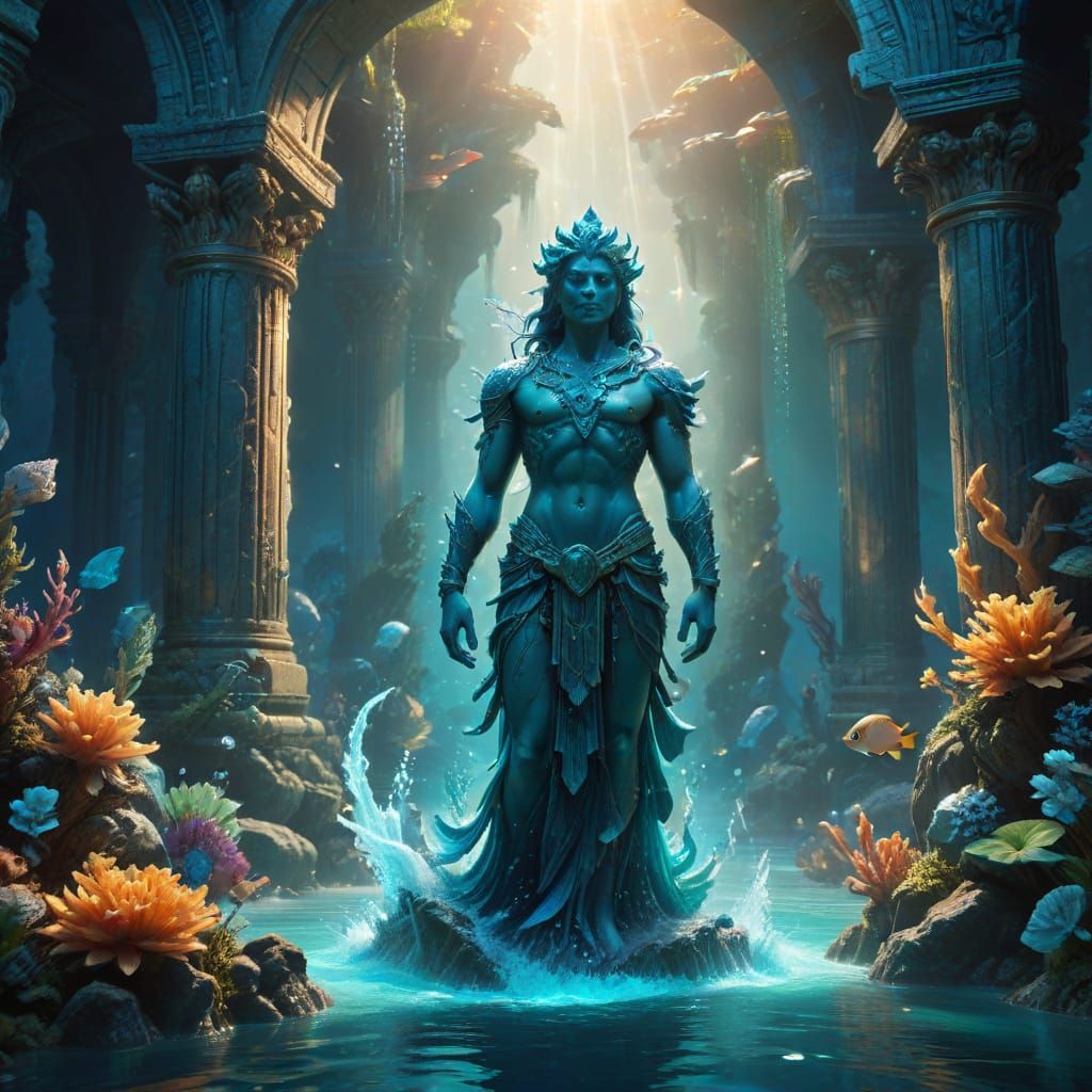 Powerful Water God in Majestic Underwater Temple