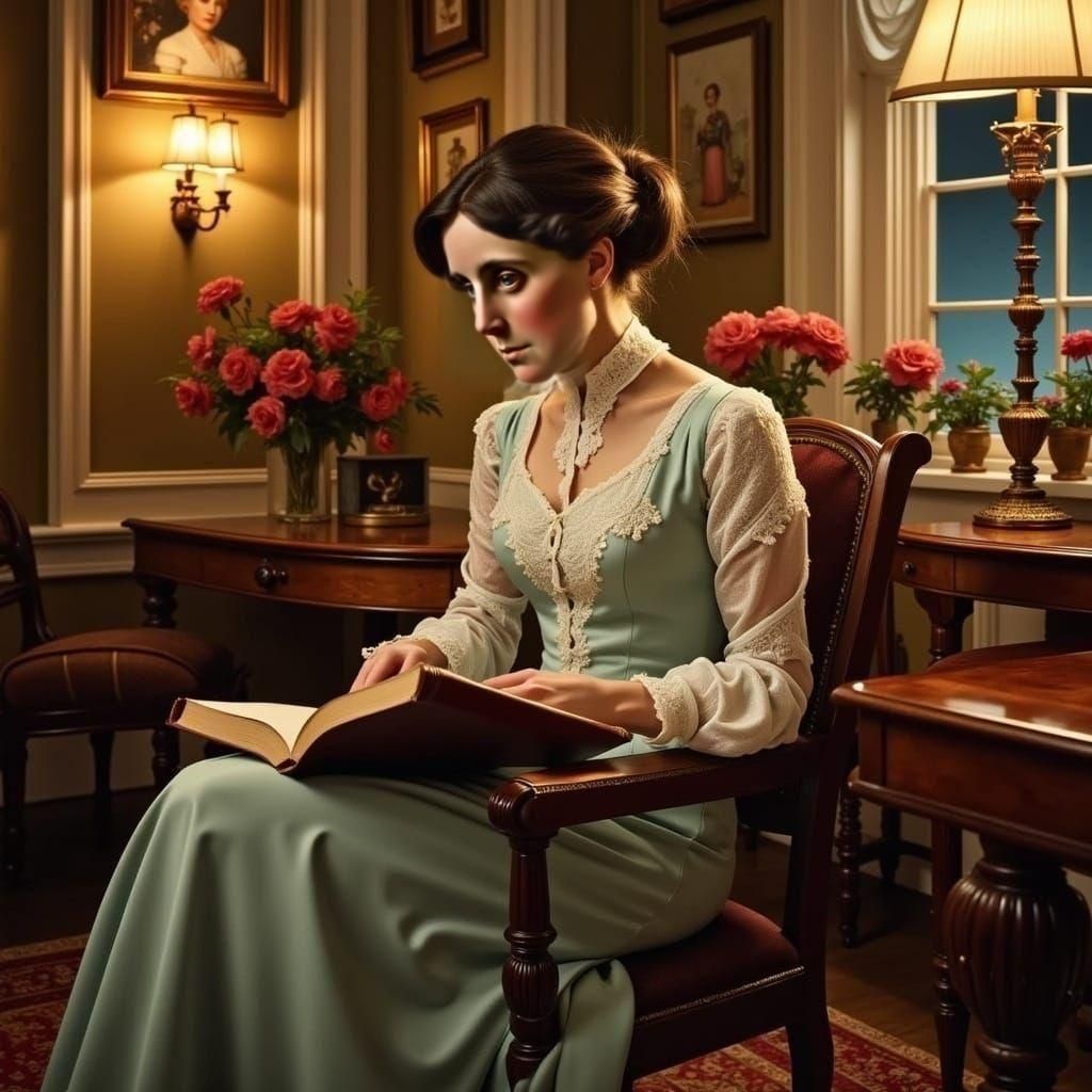 Louisa May Alcott Reading in Parlor: Detailed Realism