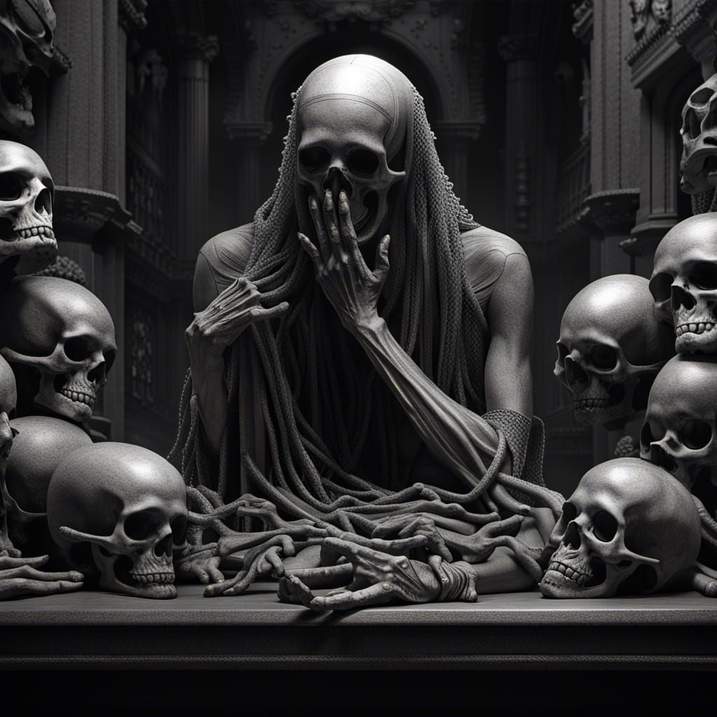 Haunting Man Surrounded by Skulls in Dore Style