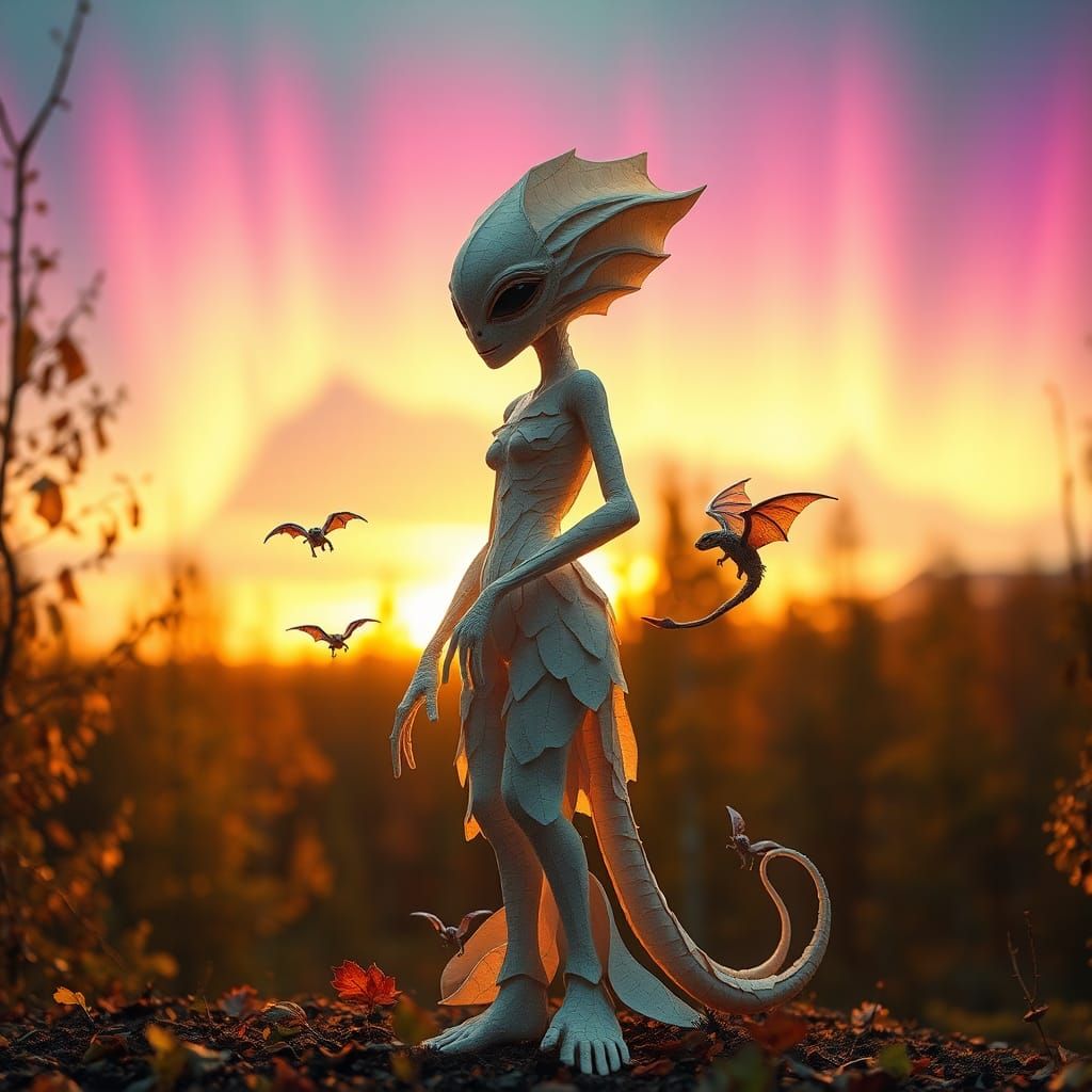 Alien Sculpture in Autumn Forest, Ethereal Lighting