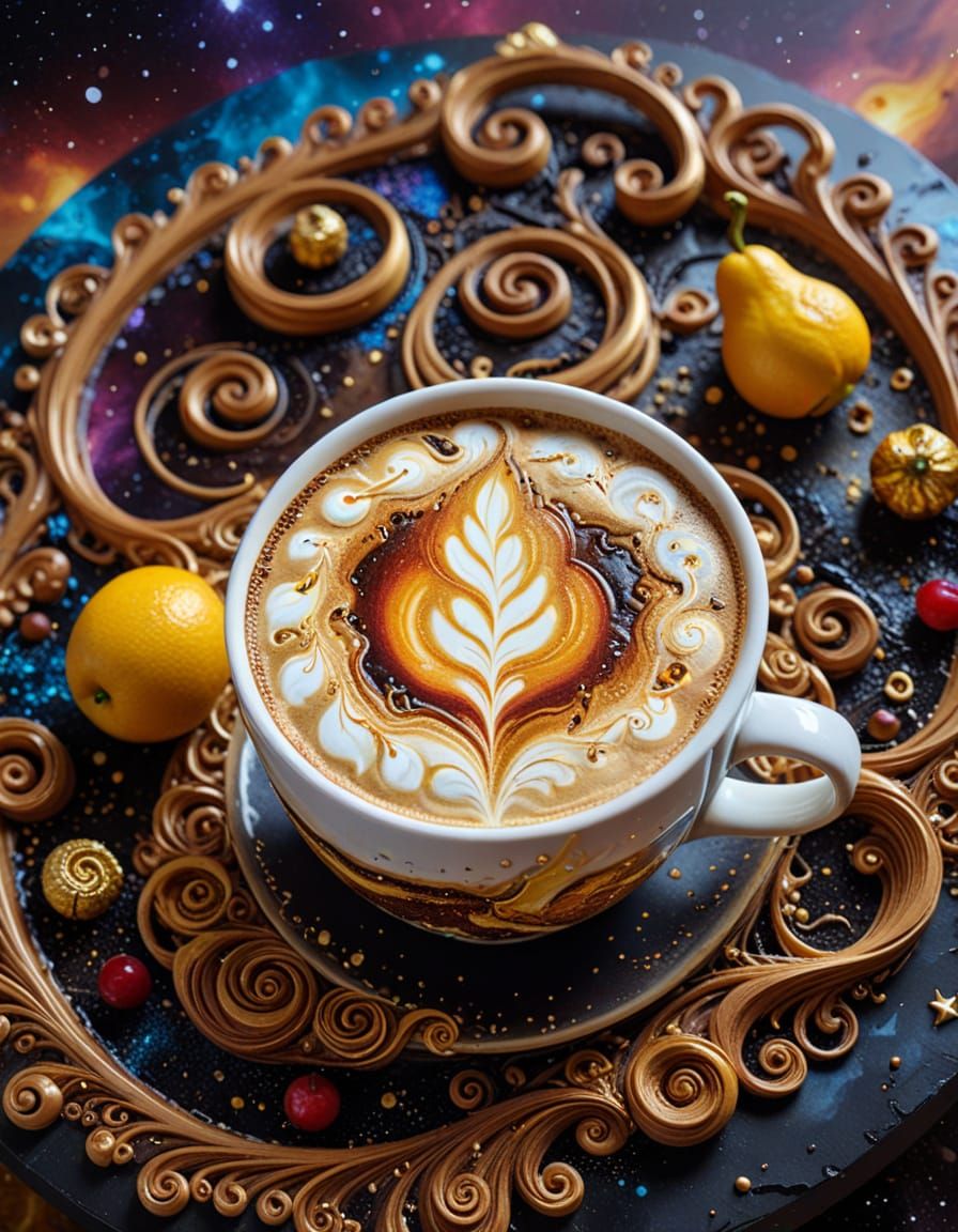Surreal Coffee Sculpture in Cosmic Void, Impasto Style