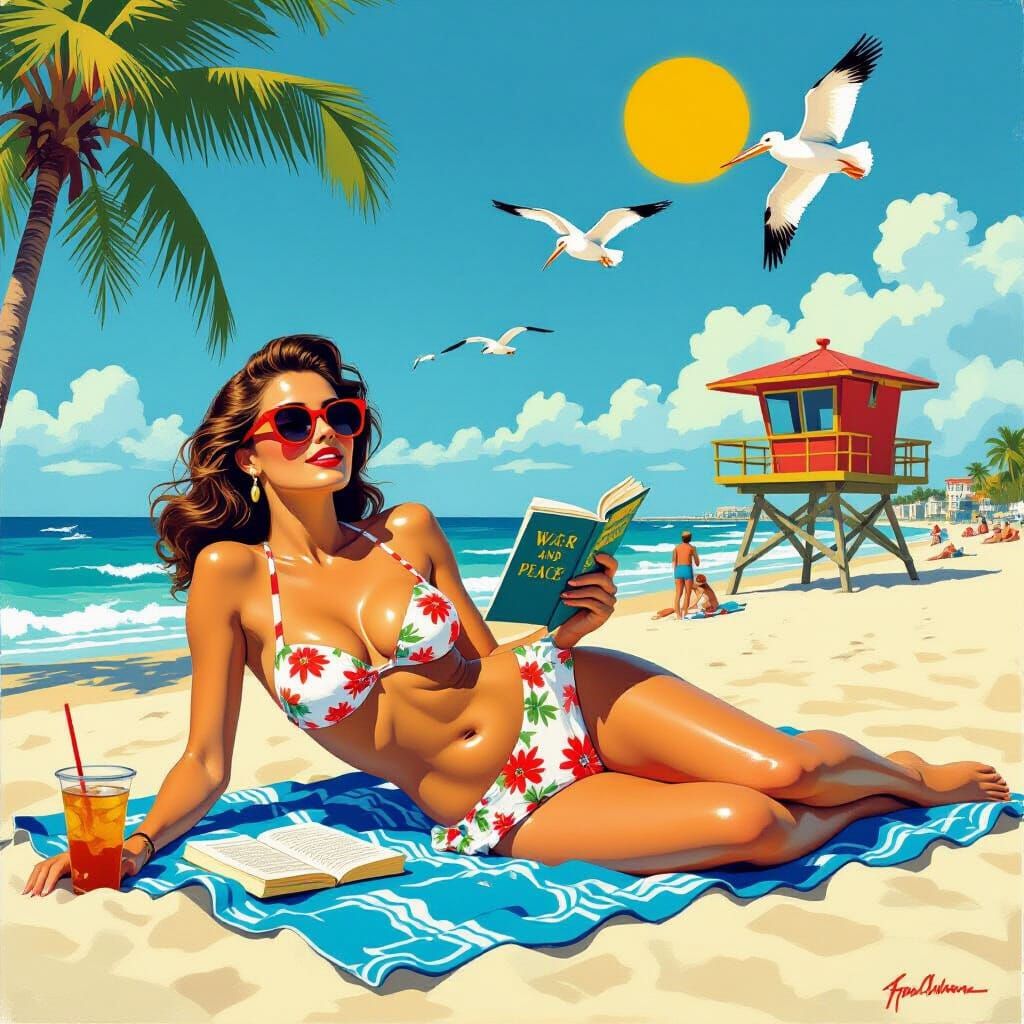 Woman Reading on Beach in Vintage Pulp Art Style