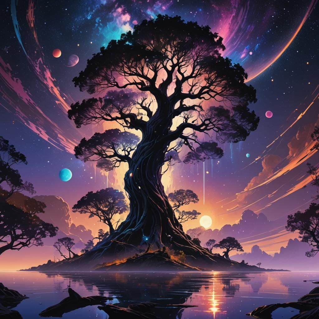 Mystical Tree Silhouette Against Iridescent Night Sky