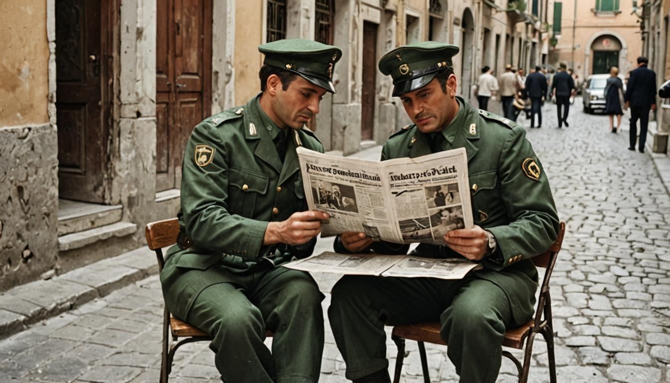Military Police Read Newspaper in Italian Street
