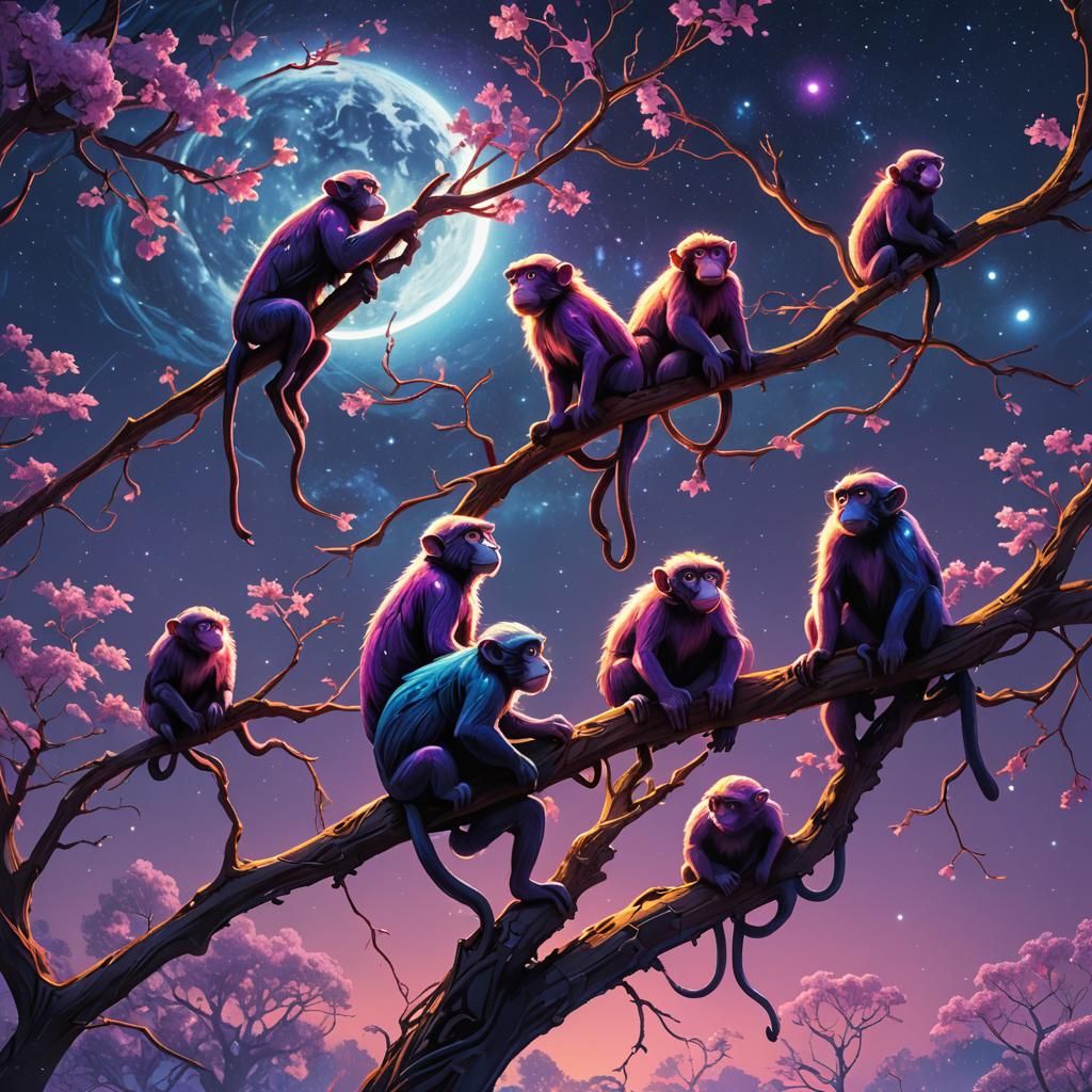 Iridescent Galaxy Monkeys in Fantasy Night Sky