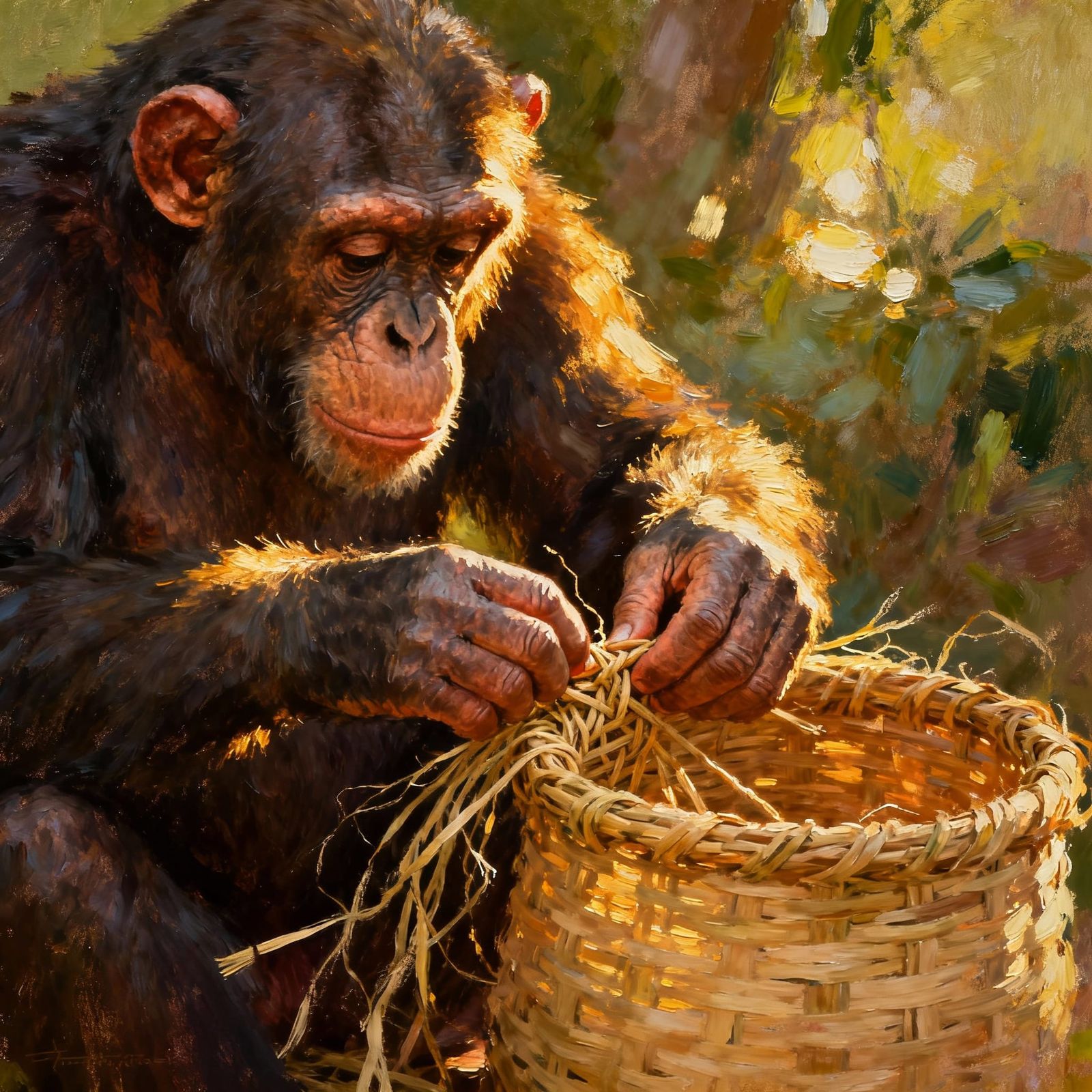 Chimpanzee Skillfully Weaves Basket in Dappled Sunlight