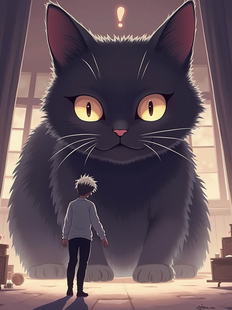 Surprise Encounter with Giant Cat in Anime Style