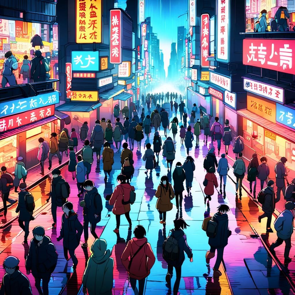 Anime Street Scene: Stressed People in Neon City