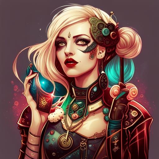 Cyberpunk Harley Quinn with Golden Outlines