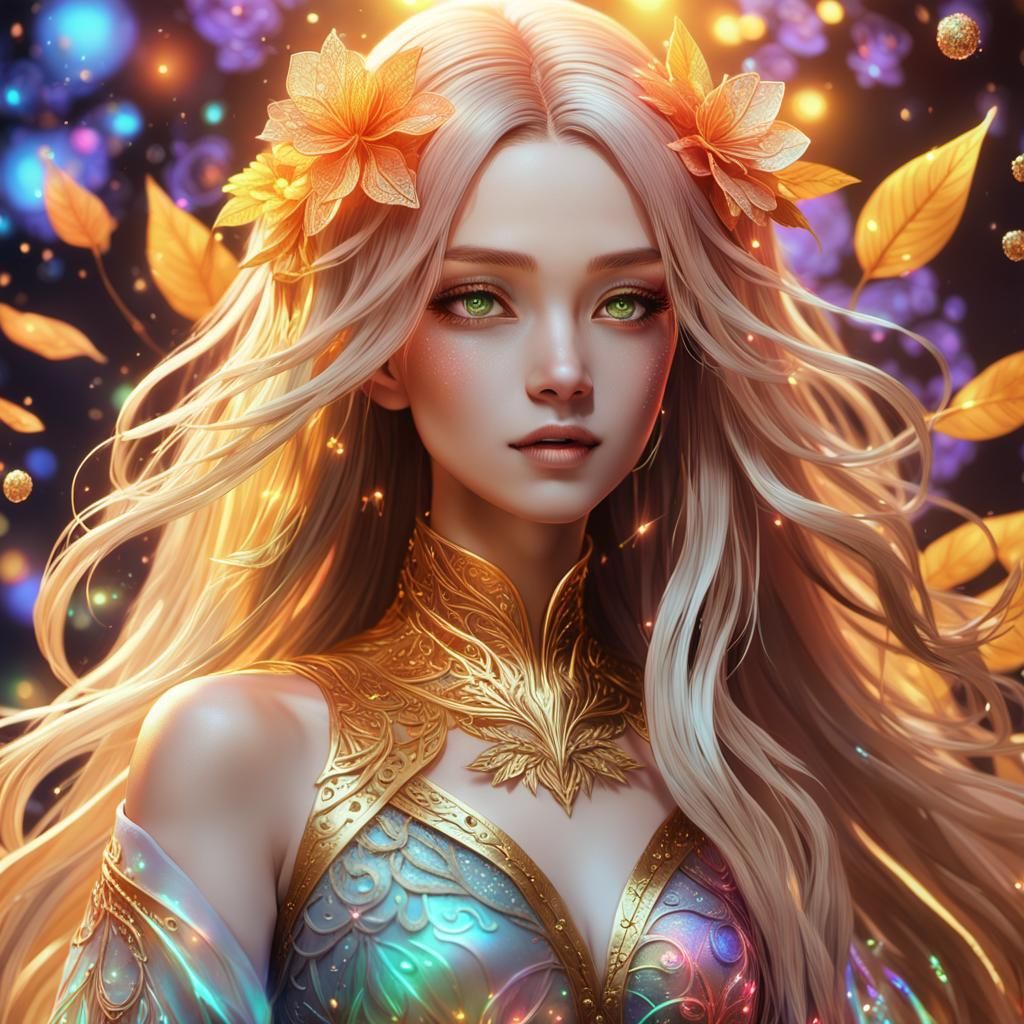 Anime Woman with Glowing Lights in Fantasy Setting