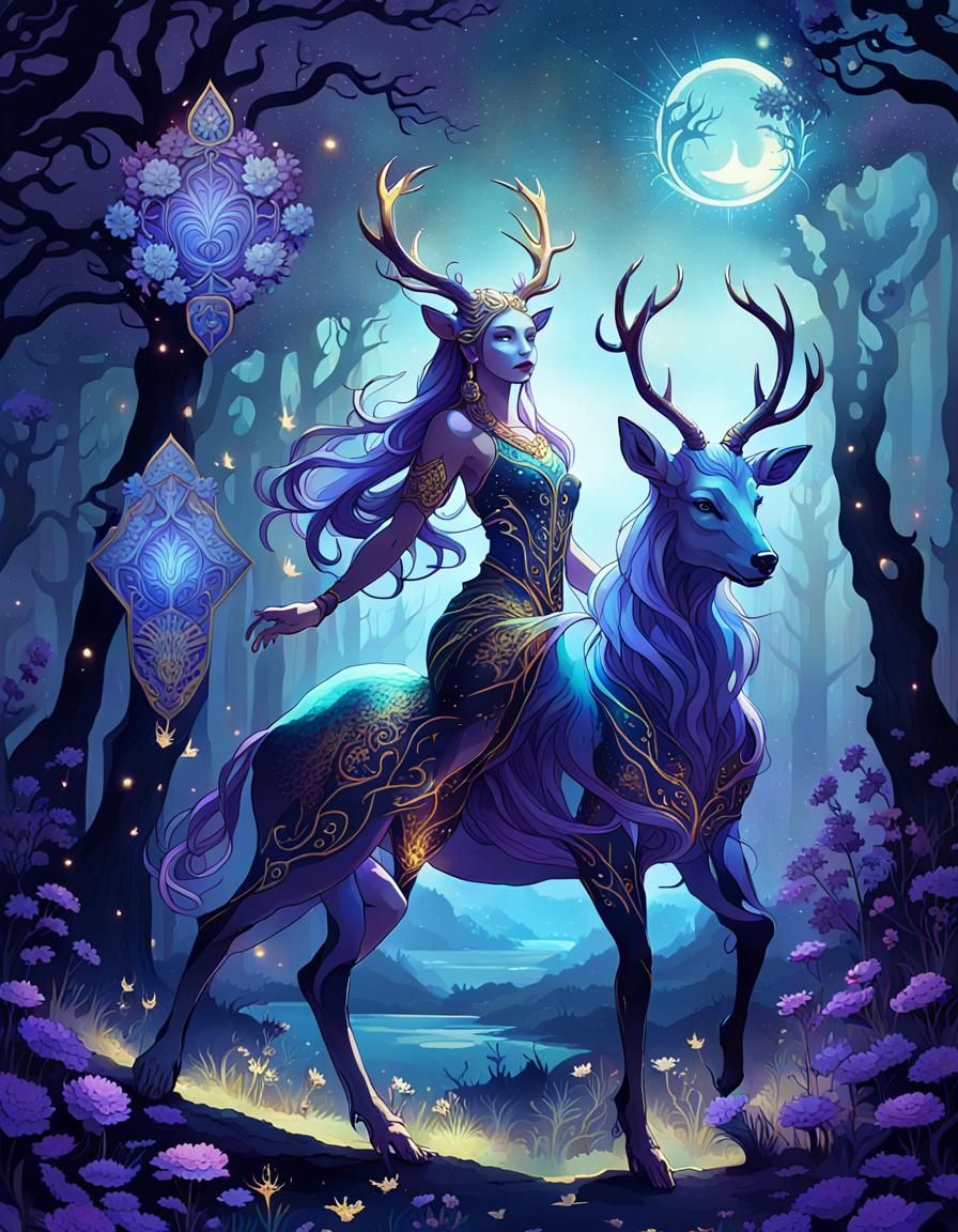 Divine Satyr in Bioluminescent Forest: Art Nouveau