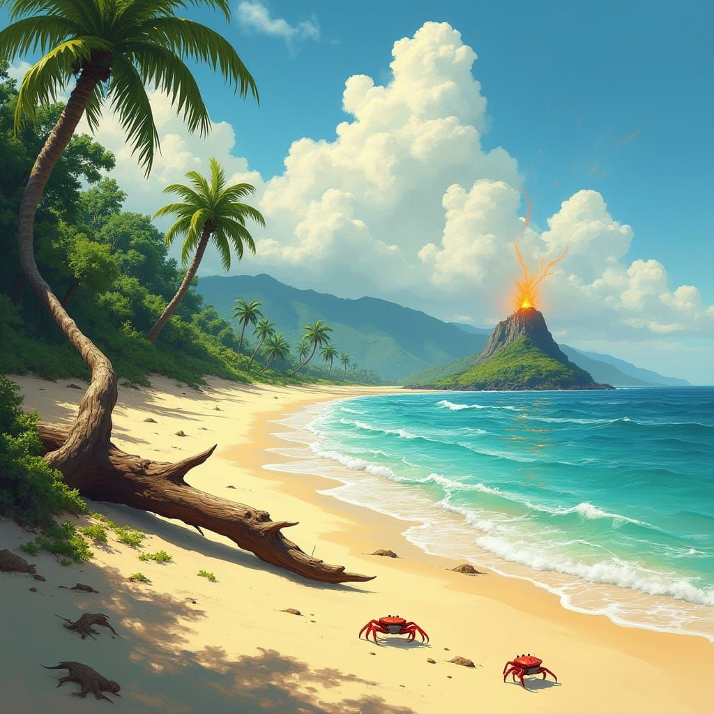 Tropical Beach Scene with Volcano, Dreamlike Art Style
