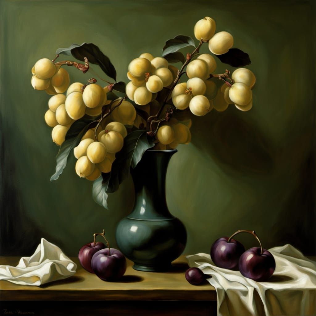 Gentle Plum on Satin, in the Style of 17th-Century Dutch Mas...