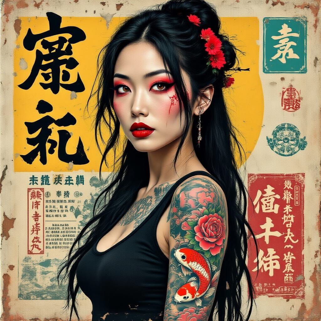 Asian Portrait with Flowers & Tattoos in Distressed Poster S...