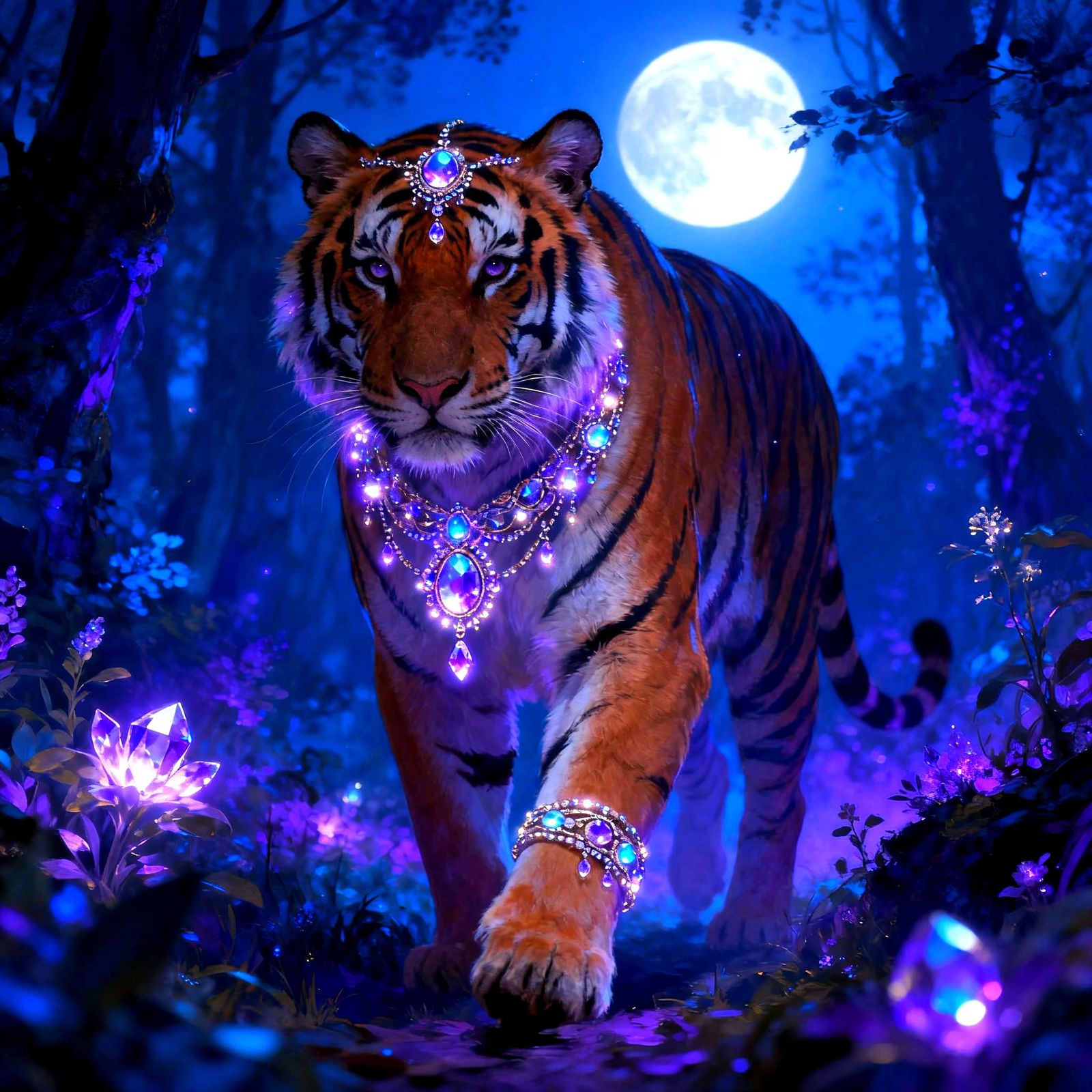 Majestic Tiger in Enchanted Moonlit Forest Digital Painting