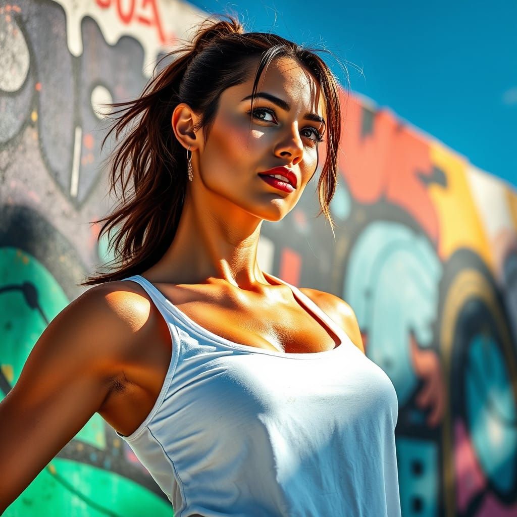 Radiant Woman Paints Vibrant Mural in Intense Sunlight