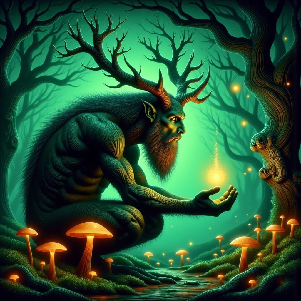 Emerald Cernunnos in Mystical Forest, as Surreal Impasto