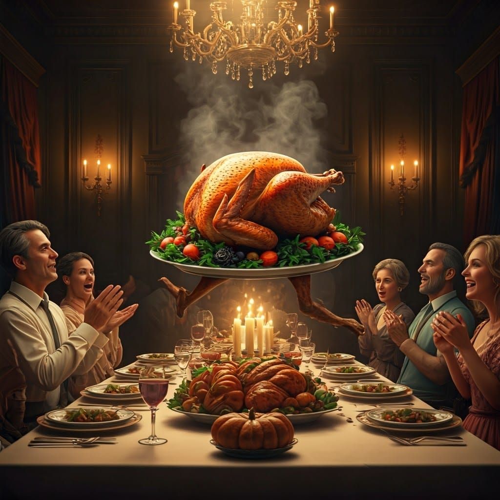 Dancing Turkey Causes Shock at Dinner, Photorealistic
