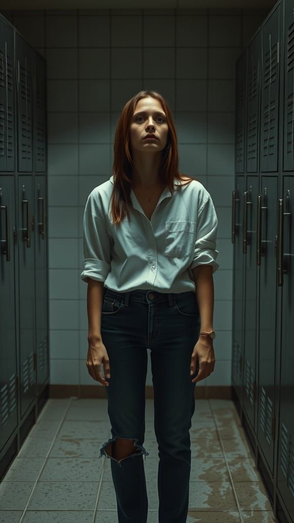 Grieving Mother in Dimly Lit Shower Room