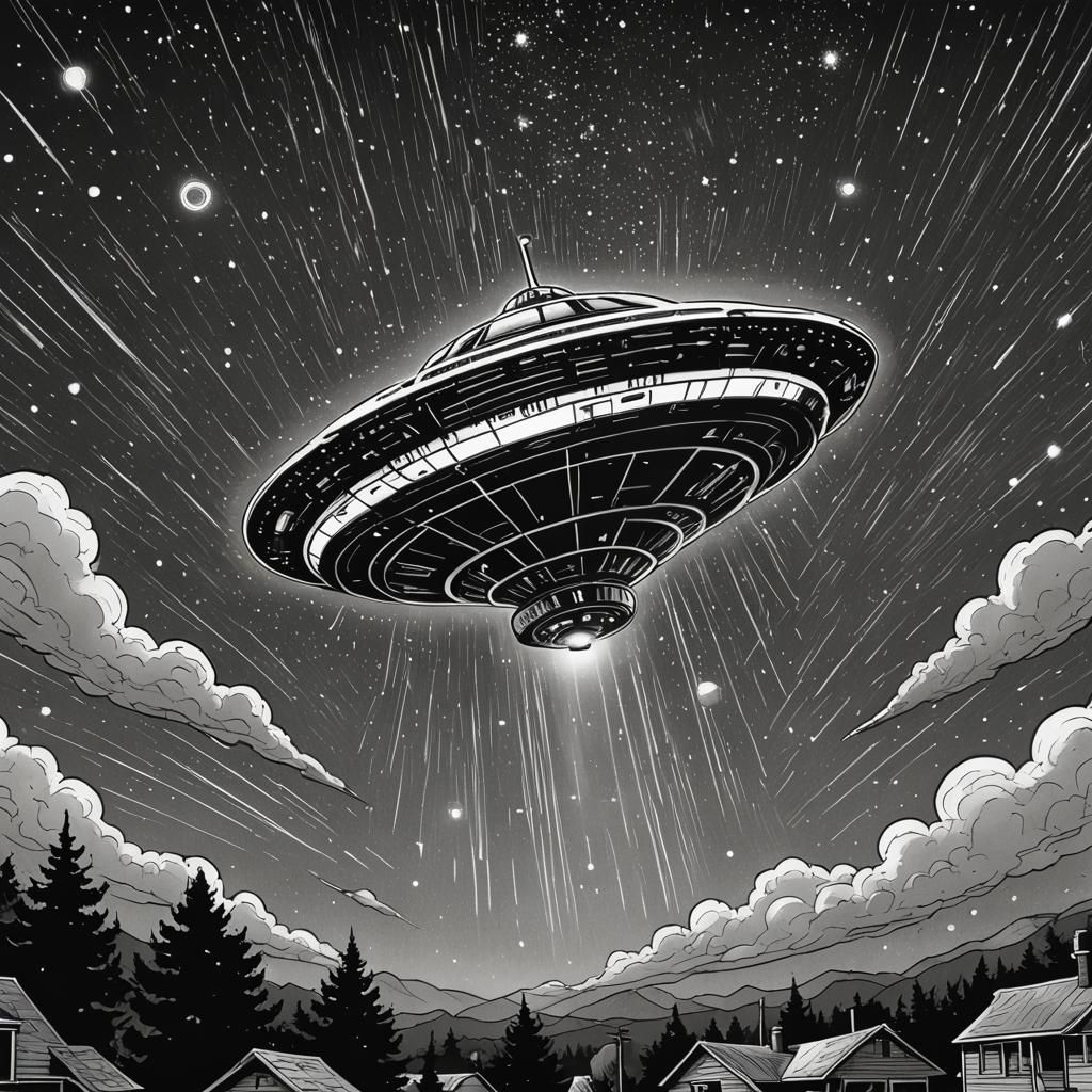 UFO in Flight: Black and White Comic Book Art