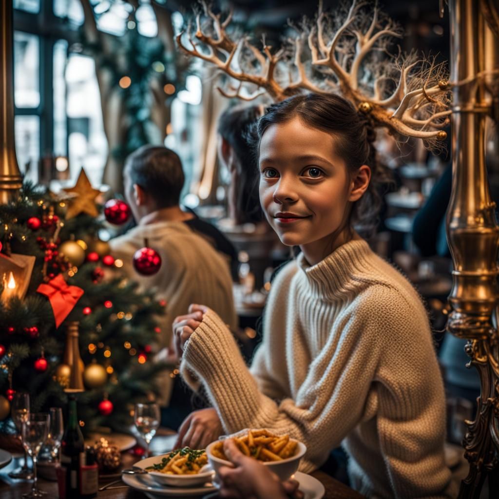 Surreal Restaurant Scene with Aliens and Humans