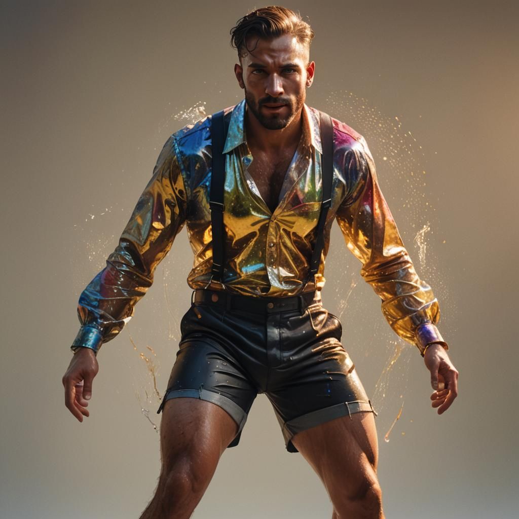 Hyperrealistic Splash Art: Man in See-Through Shirt