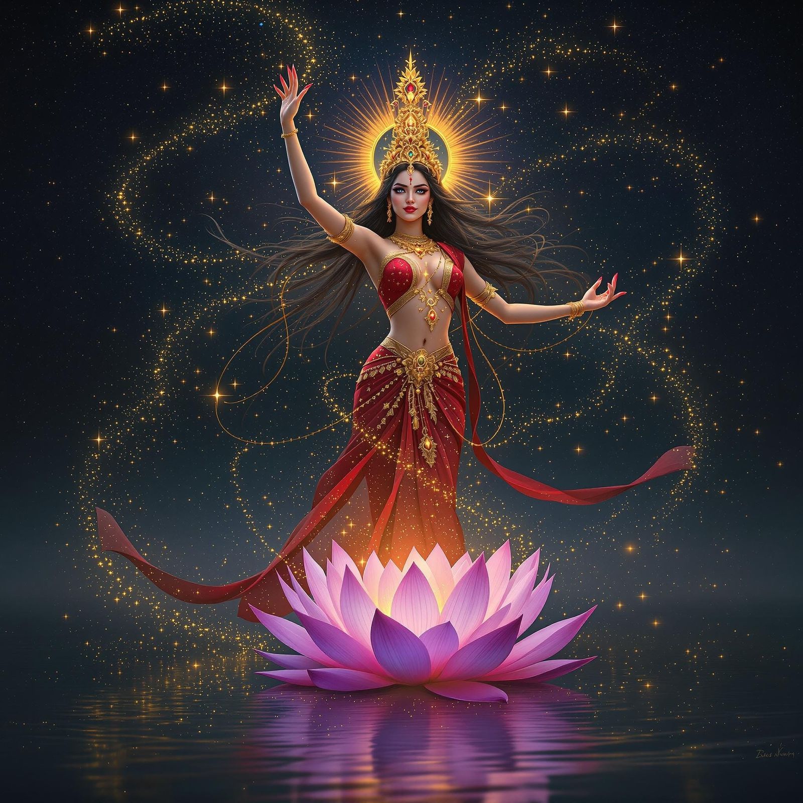 Celestial Apsara Tilottama in Ruby Red and Fiery Saris