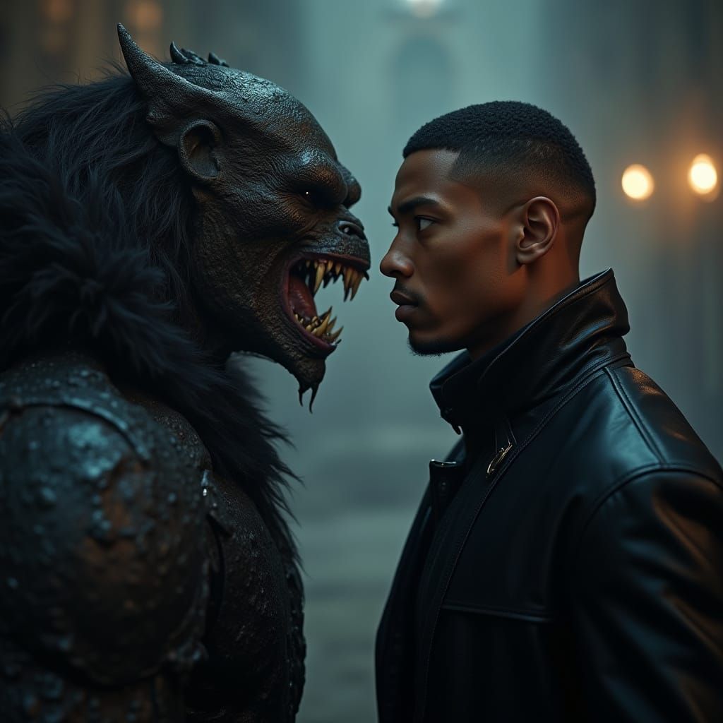Elegant Warrior God Confronts Vampire in Regal Vogue Style