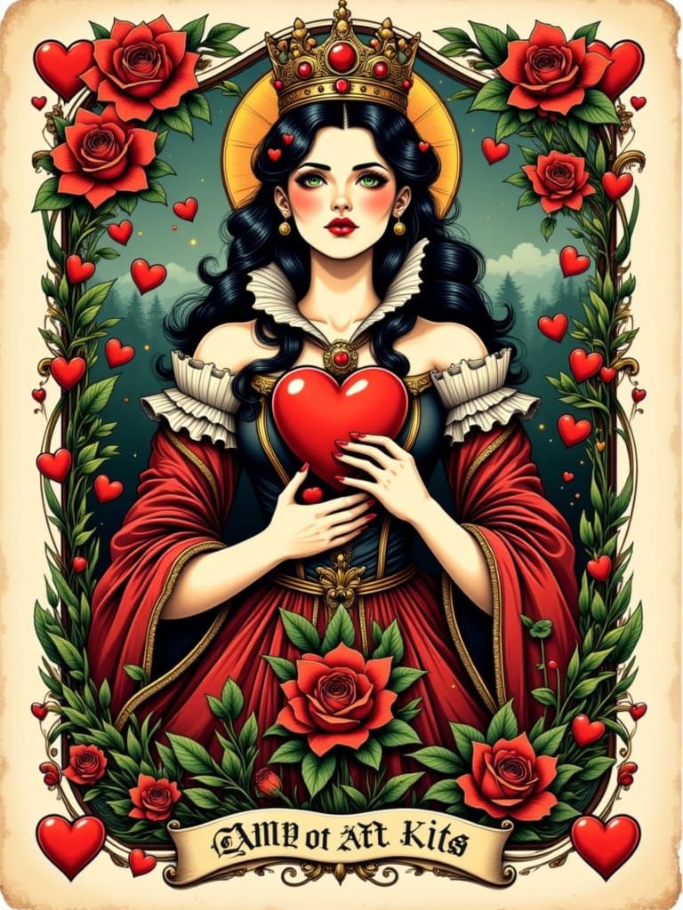 Queen of Hearts Tarot Card in Neo Traditional Style