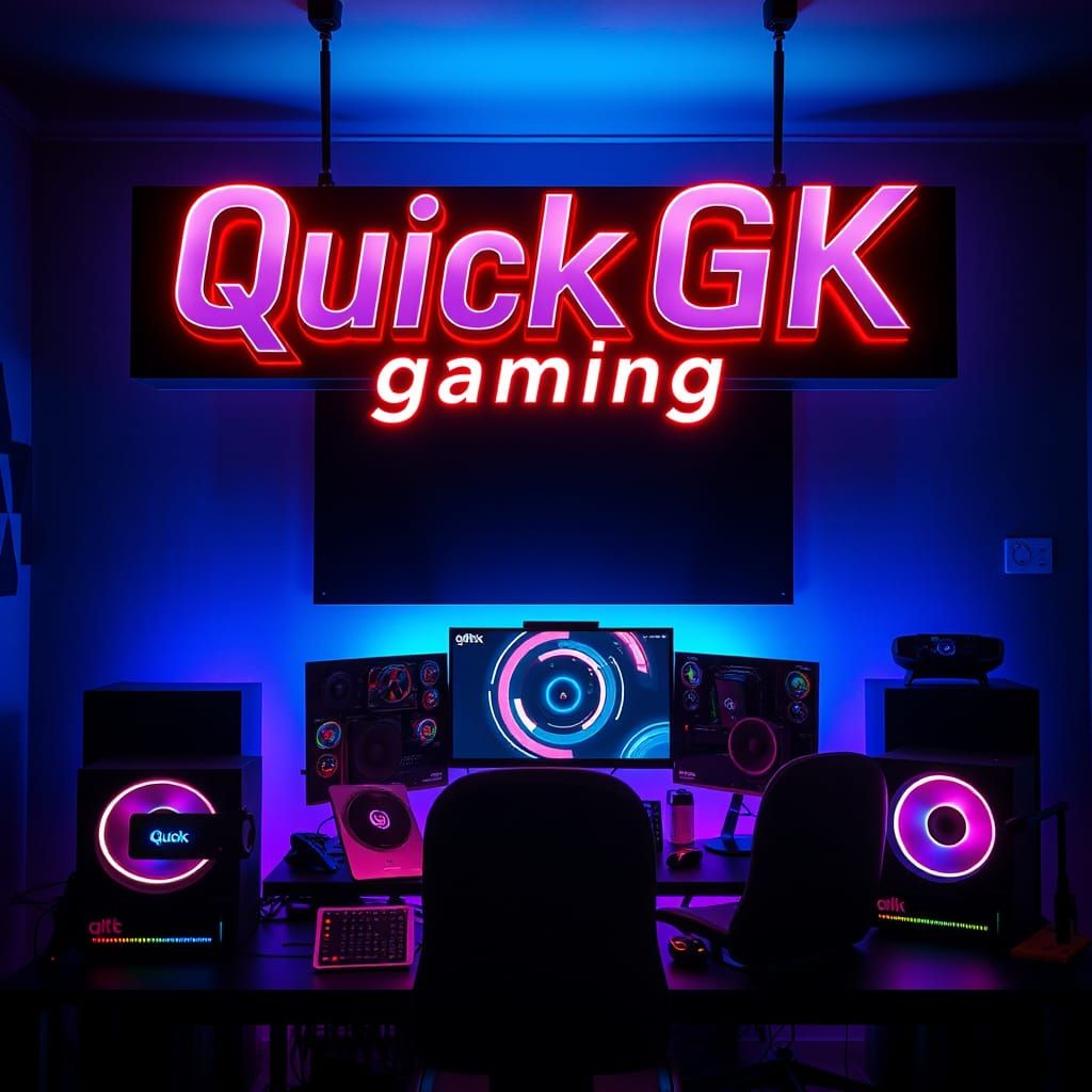 Modern Gaming Setup with Futuristic Neon Sign