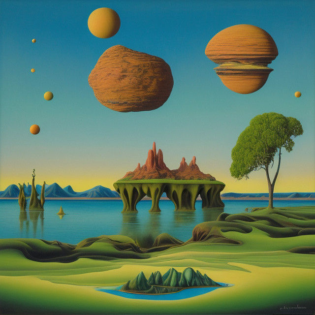 Surrealist Sunset Landscape with Alien Planet