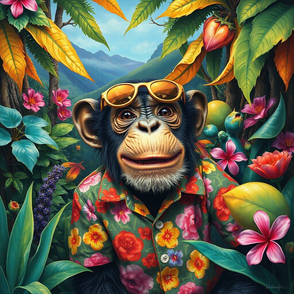 Whimsical Chimpanzee in Surreal Jungle, Dreamy Matte Paintin...