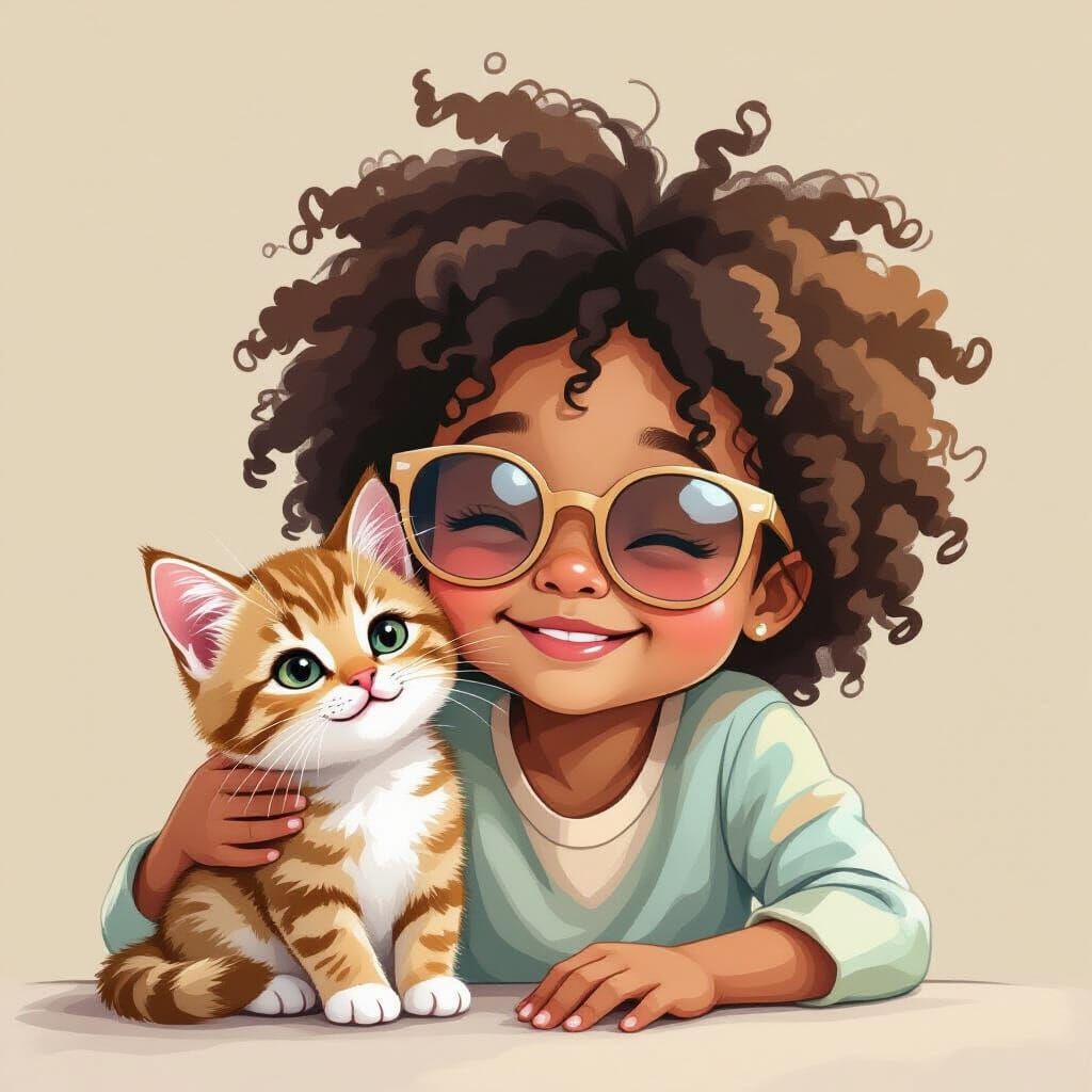 Cute African American Kid Plays with Cat in Pastel
