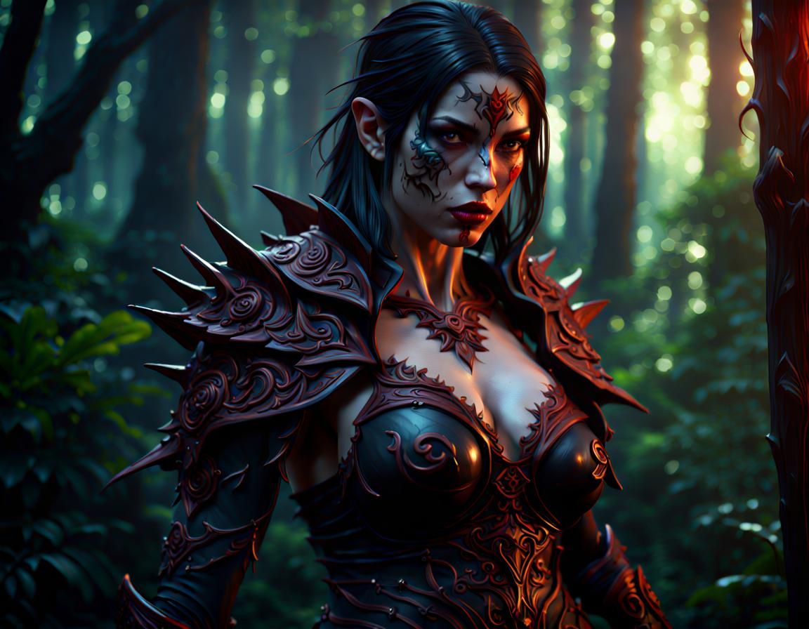 Amazon Vampire Warrior in Dark Forest, Surreal Art
