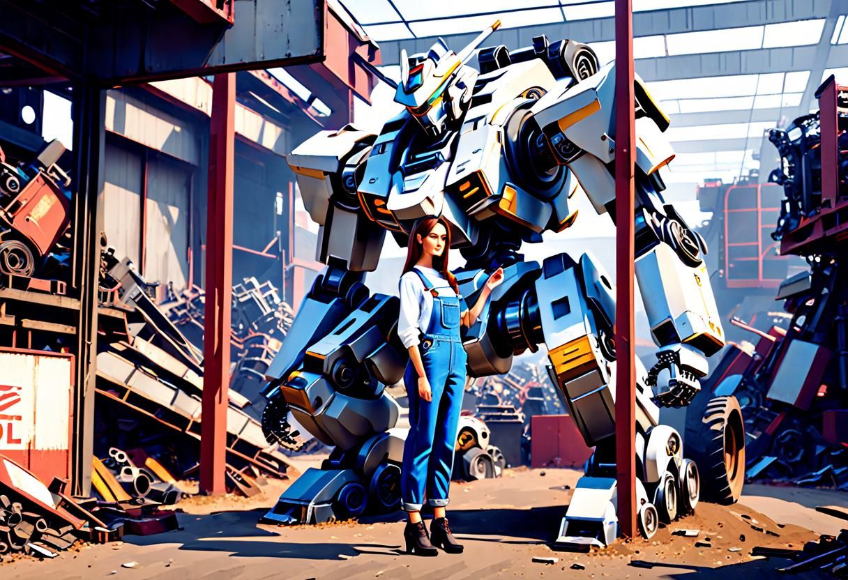 Teenage Girl Builds Mecha in Junkyard: Sci-Fi Render