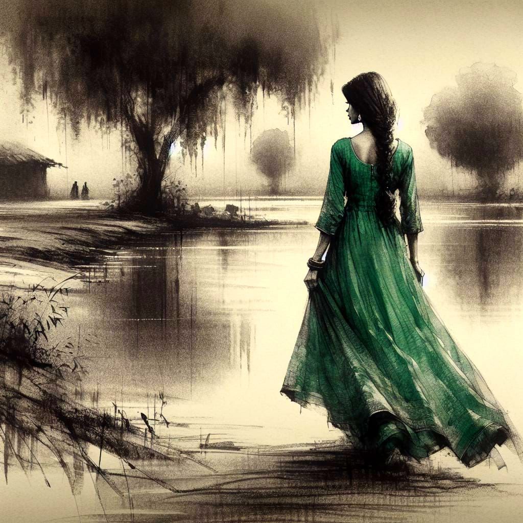 South Asian Woman Strolls by Charcoal Lakeside