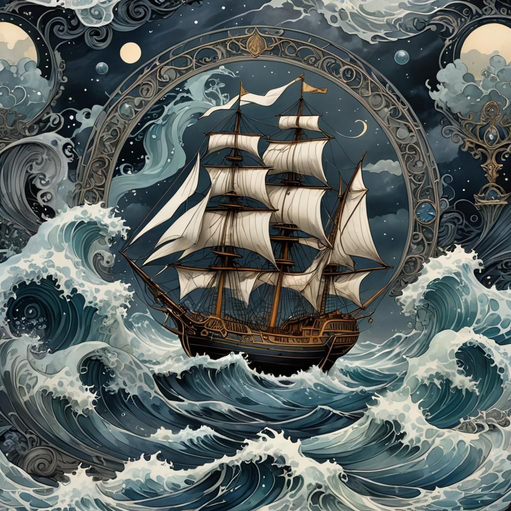 Glass Boat in Stormy Seas, Dark Fantasy Art