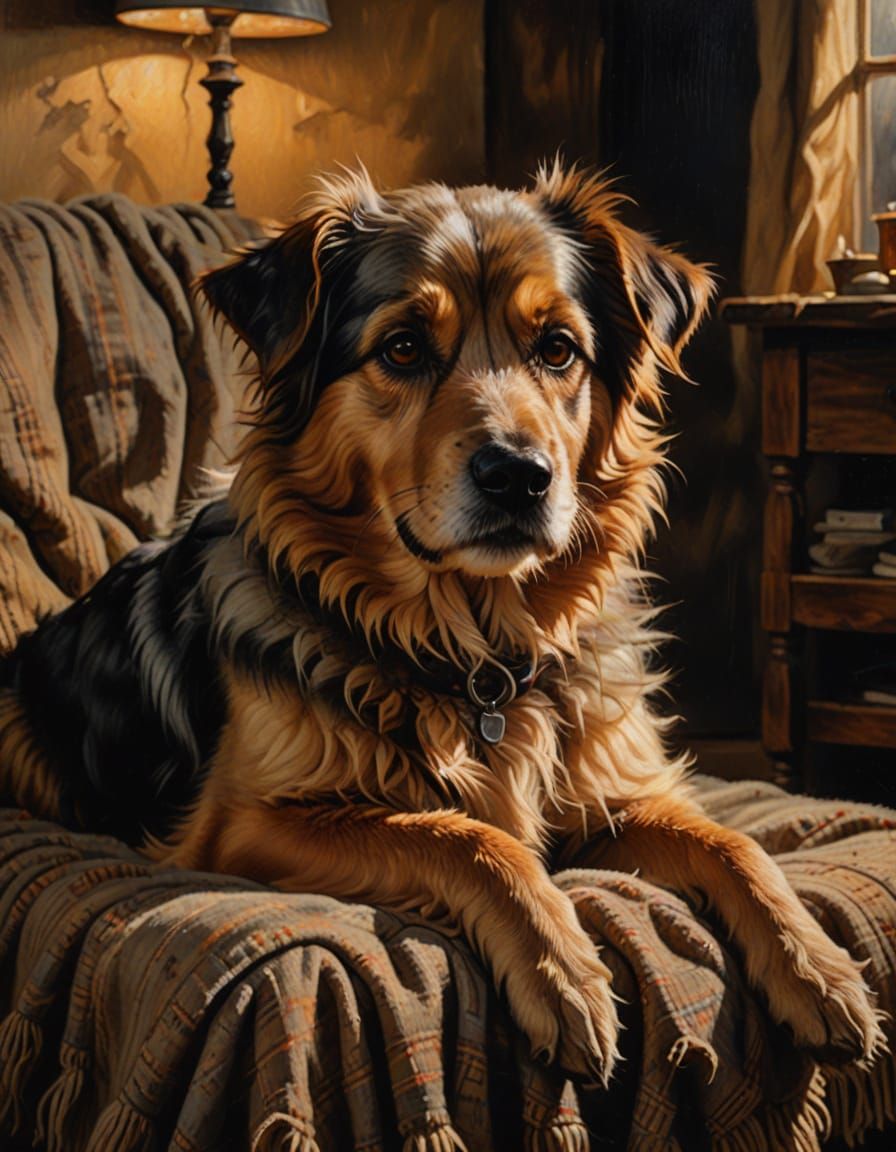 Mutt Curled Up in Rocking Chair as Oil Painting